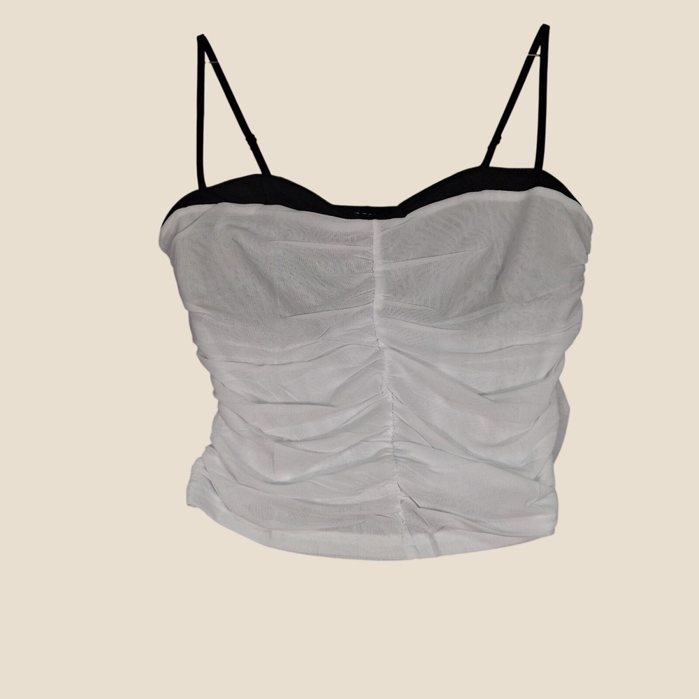 REORIA Ruched Mesh Cami Top Women XL White Black Sweetheart Neck Spaghetti Strap
